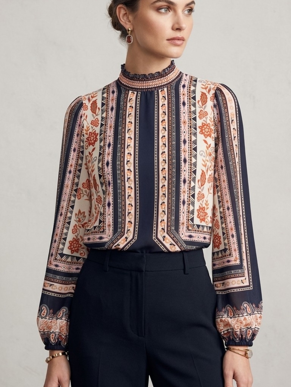 Vici Navy, Cream and Rust Printed Long-Sleeve Mock Neck Blouse